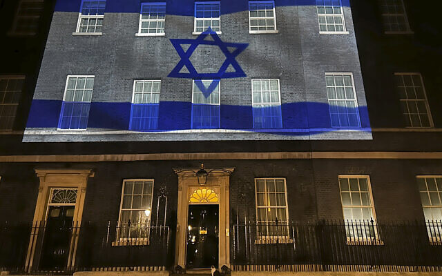 The flag of Israel is projected onto the front of 10 Downing Street in London, October 8, 2023, to show solidarity with Israel. (AP Photo/Kirsty Wigglesworth) The flag of Israel is projected onto the front of 10 Downing Street in London, October 8, 2023, to show solidarity with Israel. (AP Photo/Kirsty Wigglesworth)
