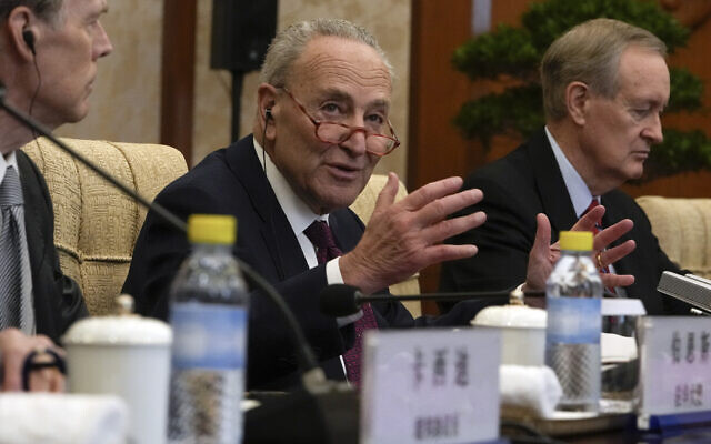 Visiting US Senate Majority Leader Chuck Schumer, Democrat New York speaks during a bilateral meeting with Chinese Foreign Minister Wang Yi at the Diaoyutai Guest House in Beijing, October 9, 2023. (Andy Wong/AP) Visiting US Senate Majority Leader Chuck Schumer, Democrat New York speaks during a bilateral meeting with Chinese Foreign Minister Wang Yi at the Diaoyutai Guest House in Beijing, October 9, 2023. (Andy Wong/AP)
