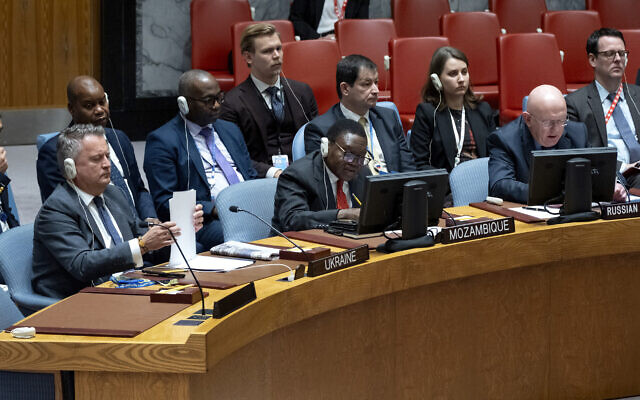 Ukrainian Ambassador to the United Nations Sergiy Kyslytsya, left, shuffles papers as he listens to Vassily Nebenzia, Permanent Representative of Russia to the United Nations, during a meeting of the UN Security Council as the war in Ukraine and recent attacks by Russia were discussed Monday, Oct. 9, 2023, at United Nations headquarters. (AP/Craig Ruttle) Ukrainian Ambassador to the United Nations Sergiy Kyslytsya, left, shuffles papers as he listens to Vassily Nebenzia, Permanent Representative of Russia to the United Nations, during a meeting of the UN Security Council as the war in Ukraine and recent attacks by Russia were discussed Monday, Oct. 9, 2023, at United Nations headquarters. (AP/Craig Ruttle)