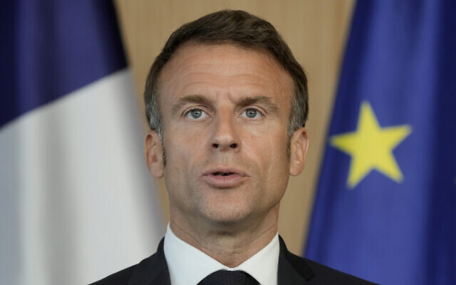 French President Emmanuel Macron speaks at a press conference after a joint cabinet meeting of the German and French Government in Hamburg, Germany, October 10, 2023. (Markus Schreiber/AP) French President Emmanuel Macron speaks at a press conference after a joint cabinet meeting of the German and French Government in Hamburg, Germany, October 10, 2023. (Markus Schreiber/AP)