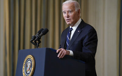President Joe Biden speaks Tuesday, Oct. 10, 2023, in the State Dining Room of the White House in Washington, about the war between Israel and the Palestinian terror group Hamas. (AP Photo/Evan Vucci)
