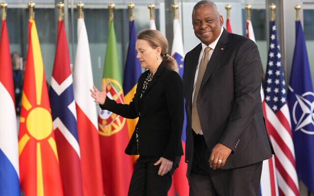 United States Secretary of Defense Lloyd Austin, right, arrives for a meeting of NATO defense ministers at NATO headquarters in Brussels, Wednesday, Oct. 11, 2023. (AP Photo/Virginia Mayo) United States Secretary of Defense Lloyd Austin, right, arrives for a meeting of NATO defense ministers at NATO headquarters in Brussels, Wednesday, Oct. 11, 2023. (AP Photo/Virginia Mayo)
