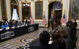 President Joe Biden speaks during a roundtable with Jewish community leaders in the Indian Treaty Room on the White House complex in Washington, Oct. 11, 2023. (AP Photo/Susan Walsh)