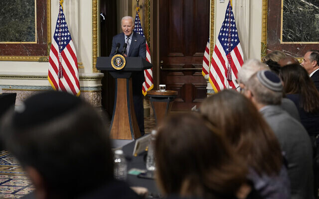 US President Joe Biden speaks during a roundtable with Jewish community leaders in the Indian Treaty Room on the White House complex in Washington, Wednesday, Oct. 11, 2023. (AP Photo/Susan Walsh) US President Joe Biden speaks during a roundtable with Jewish community leaders in the Indian Treaty Room on the White House complex in Washington, Wednesday, Oct. 11, 2023. (AP Photo/Susan Walsh)