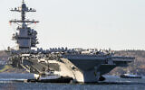 The USS Gerald R. Ford, arrives in Halifax on Oct. 28, 2022. (Andrew Vaughan/The Canadian Press via AP)