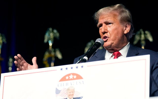 Republican presidential candidate former US president Donald Trump speaks Wednesday, Oct. 11, 2023, at Palm Beach County Convention Center in West Palm Beach, Florida (AP Photo/Rebecca Blackwell) Republican presidential candidate former US president Donald Trump speaks Wednesday, Oct. 11, 2023, at Palm Beach County Convention Center in West Palm Beach, Florida (AP Photo/Rebecca Blackwell)