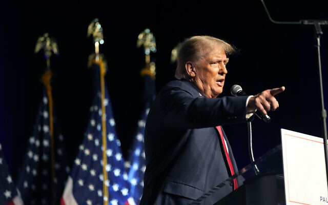 Republican presidential candidate former president Donald Trump speaks at Palm Beach County Convention Center in West Palm Beach, Florida, October 11, 2023, (AP Photo/Rebecca Blackwell) Republican presidential candidate former president Donald Trump speaks at Palm Beach County Convention Center in West Palm Beach, Florida, October 11, 2023, (AP Photo/Rebecca Blackwell)