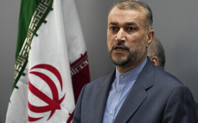 Iranian Foreign Minister Hossein Amir-Abdollahian speaks during a joint press conference with his Lebanese counterpart Abdallah Bou Habib, in Beirut, Lebanon, October 13, 2023. (Hussein Malla/AP)