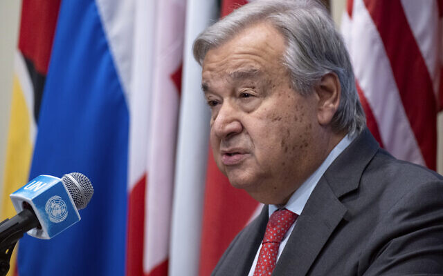 United Nations Secretary-General Antonio Guterres addresses the situation in Israel and Gaza during a news briefing at United Nations headquarters, Oct. 13, 2023. (AP Photo/Craig Ruttle)