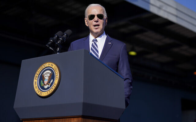 US President Joe Biden delivers remarks at Tioga Marine Terminal, Friday, Oct. 13, 2023, in Philadelphia. (AP/Evan Vucci) US President Joe Biden delivers remarks at Tioga Marine Terminal, Friday, Oct. 13, 2023, in Philadelphia. (AP/Evan Vucci)