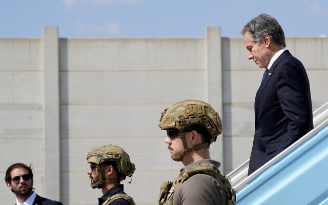US Secretary of State Antony Blinken disembarks from a plane as he arrives in Tel Aviv, October 16, 2023, from Jordan.  (AP Photo/Jacquelyn Martin, Pool)