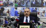 Palestinian Authority Prime Minister Mohammad Shtayyeh attends a cabinet meeting in the West Bank city of Ramallah, October 16, 2023. (Jaafar Ashtiyeh/Pool Photo via AP)