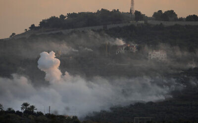 Smoke rises from Israeli shelling in Dahaira, a Lebanese border village with Israel, south Lebanon, October 16, 2023. (AP Photo/Hussein Malla)