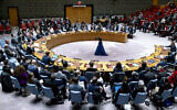 Palestinian UN Ambassador Riyad Mansour, background right, addresses members of the UN Security Council at the United Nations headquarters, New York, October 16, 2023. (AP Photo/Craig Ruttle)
