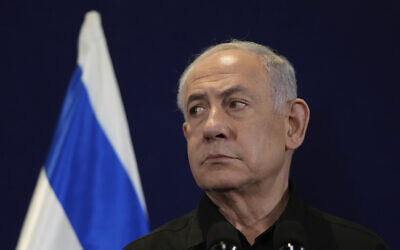 Prime Minister Benjamin Netanyahu attends a press conference in Tel Aviv, Oct. 17, 2023. (AP/Maya Alleruzzo, Pool)