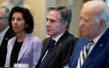 From left, US Commerce Secretary Gina Raimondo, US Secretary of State Antony Blinken, and US President Joe Biden listen during a meeting with European Council President Charles Michel and European Commission President Ursula von der Leyen in the Cabinet Room of the White House, October 20, 2023, in Washington. (AP Photo/Evan Vucci)
