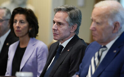 From left, US Commerce Secretary Gina Raimondo, US Secretary of State Antony Blinken, and US President Joe Biden listen during a meeting with European Council President Charles Michel and European Commission President Ursula von der Leyen in the Cabinet Room of the White House, October 20, 2023, in Washington. (AP Photo/Evan Vucci)