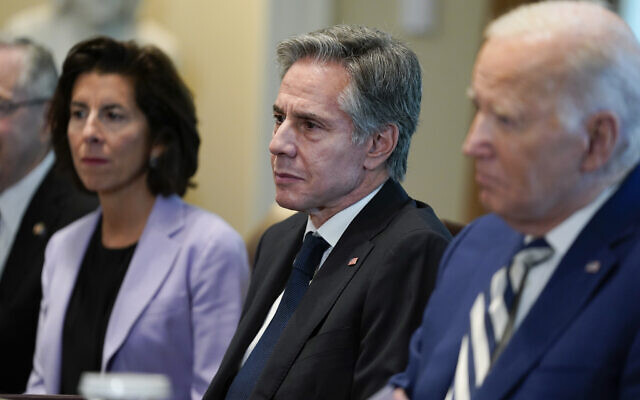 From left, US Commerce Secretary Gina Raimondo, US Secretary of State Antony Blinken, and US President Joe Biden listen during a meeting with European Council President Charles Michel and European Commission President Ursula von der Leyen in the Cabinet Room of the White House, October 20, 2023, in Washington. (AP Photo/Evan Vucci) From left, US Commerce Secretary Gina Raimondo, US Secretary of State Antony Blinken, and US President Joe Biden listen during a meeting with European Council President Charles Michel and European Commission President Ursula von der Leyen in the Cabinet Room of the White House, October 20, 2023, in Washington. (AP Photo/Evan Vucci)