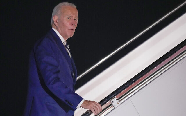 US President Joe Biden answers a questions as he boards Air Force One at Andrews Air Force Base, Maryland, October 20, 2023, to travel to Rehoboth Beach, Delaware. (AP Photo/Andrew Harnik) US President Joe Biden answers a questions as he boards Air Force One at Andrews Air Force Base, Maryland, October 20, 2023, to travel to Rehoboth Beach, Delaware. (AP Photo/Andrew Harnik)
