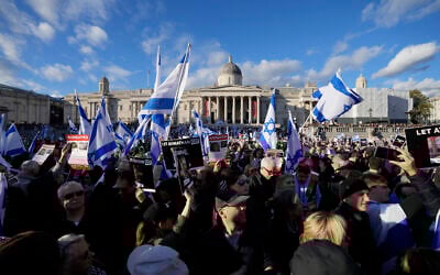 Large crowds of pro-Israel demonstrators gather in Trafalgar Square, London, October 22, 2023, demanding the release of all hostages abducted from Israel to Gaza by Hamas terrorists. (AP Photo/Frank Augstein)