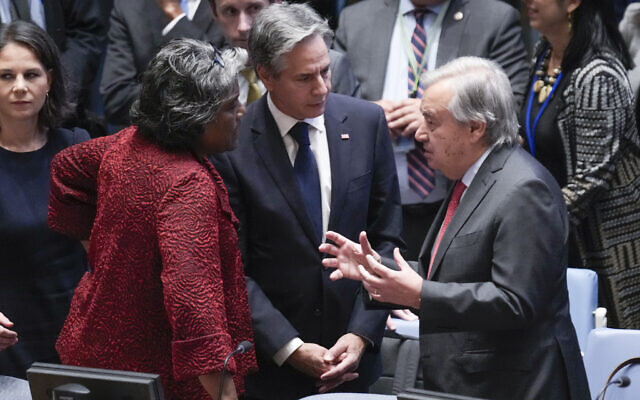 US Secretary of State Antony Blinken, center, and US Ambassador to the United Nations Linda Thomas-Greenfield, left, talk with UN Secretary-General Antonio Guterres before a Security Council meeting at United Nations headquarters, Tuesday, Oct. 24, 2023. (AP/Seth Wenig)