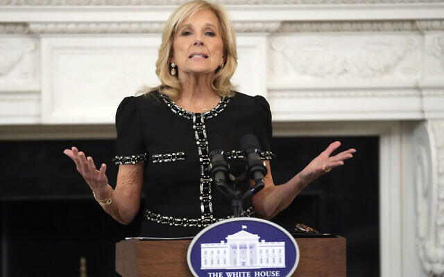 US First lady Jill Biden speaks during a media preview, October 24, 2023, in the State Dining Room at the White House in Washington. (AP Photo/Mark Schiefelbein)