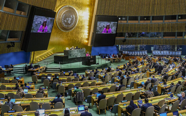 US United Nations Ambassador Linda Thomas-Greenfield address the UN General Assembly, Friday, Oct. 27, 2023 at UN headquarters. (AP Photo/Bebeto Matthews)