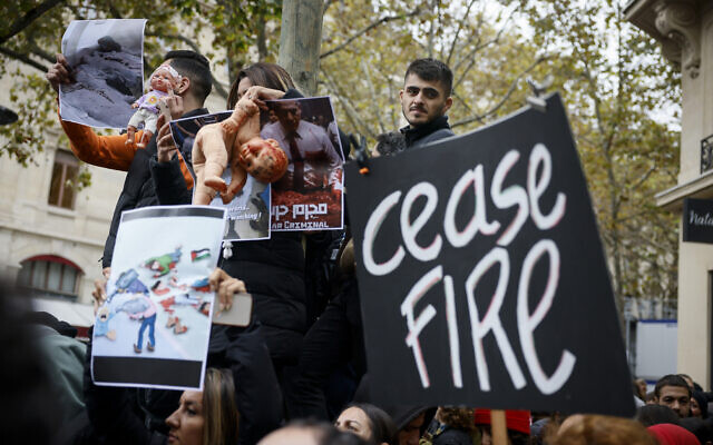 People demonstrate in a show of solidarity with Palestinians on October 28, 2023, in Paris, amid the war between Israel and Gaza-ruling Hamas terror group. (AP Photo/Thomas Padilla)