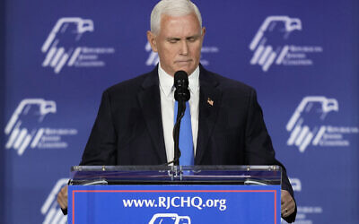 Former Vice President Mike Pence speaks at an annual leadership meeting of the Republican Jewish Coalition, Saturday, Oct. 28, 2023, in Las Vegas. Pence is dropping his bid for the Republican presidential nomination, ending his campaign for the White House. (AP/John Locher)