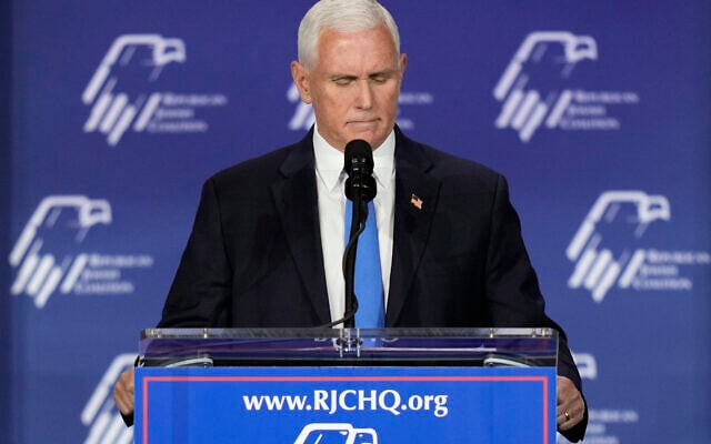 Former Vice President Mike Pence speaks at an annual leadership meeting of the Republican Jewish Coalition, Saturday, Oct. 28, 2023, in Las Vegas. Pence is dropping his bid for the Republican presidential nomination, ending his campaign for the White House. (AP/John Locher) Former Vice President Mike Pence speaks at an annual leadership meeting of the Republican Jewish Coalition, Saturday, Oct. 28, 2023, in Las Vegas. Pence is dropping his bid for the Republican presidential nomination, ending his campaign for the White House. (AP/John Locher)