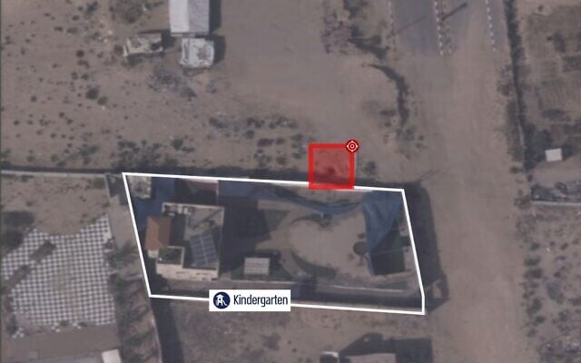 An aerial image published by the IDF on October 22, 2023, which it says shows a Hamas rocket-launching site next to a kindergarten in Gaza. (Israel Defense Forces) An aerial image published by the IDF on October 22, 2023, which it says shows a Hamas rocket-launching site next to a kindergarten in Gaza. (Israel Defense Forces)