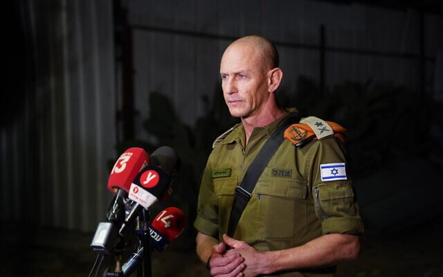 Head of the IDF Home Front Command Maj. Gen. Rafi Milo speaks to reporters in Ashkelon, October 29, 2023. (Emanuel Fabian/Times of Israel)