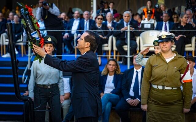 President Isaac Herzog at a memorial service marking 27 years since the assassination of late prime minister Yitzhak Rabin, held at Mount Herzl cemetery in Jerusalem on November 6, 2022. (Olivier Fitoussi/Flash90) President Isaac Herzog at a memorial service marking 27 years since the assassination of late prime minister Yitzhak Rabin, held at Mount Herzl cemetery in Jerusalem on November 6, 2022. (Olivier Fitoussi/Flash90)
