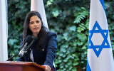 Then-outgoing interior minister Ayelet Shaked at a handover ceremony with then-incoming minister Aryeh Deri (unseen), at the Ministry of Interior Affairs in Jerusalem, January 1, 2023. (Yonatan Sindel/Flash90)