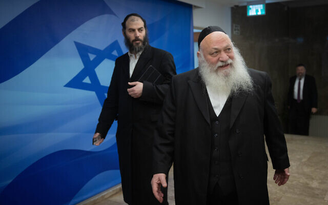 Housing and Construction Minister Yitzhak Goldknopf (right) arrives at a weekly cabinet meeting at the Prime Minister's Office in Jerusalem on September 27, 2023. (Chaim Goldberg/Flash90) Housing and Construction Minister Yitzhak Goldknopf (right) arrives at a weekly cabinet meeting at the Prime Minister's Office in Jerusalem on September 27, 2023. (Chaim Goldberg/Flash90)