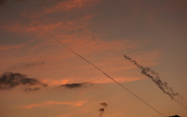 Rockets fired from the Gaza Strip into southern Israel on October 7, 2023. (Liron Moldovan/Flash90)