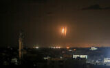 Rockets are fired from Gaza toward Israel, on October 16 2023 (Abed Rahim Khatib/Flash90)