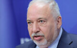 Yisrael Beytenu party leader Avigdor Liberman holds a faction meeting in the Knesset on October 16, 2023. (Noam Revkin Fenton/FLASH90)