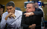 Ashkelon Mayor Tomer Glam (right) speaks during a Finance Committee meeting at the Knesset in Jerusalem, on October 16, 2023. (Oren Ben Hakoon/Flash90)