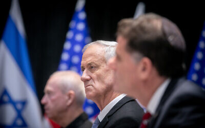 Minister Benny Gantz seen during a meeting of with Prime Minister Benjamin Netanyahu and US President Joe Biden in Tel Aviv, October 18, 2023. (Miriam Alster/ Flash90)