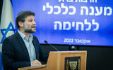 Finance Minister Bezalel Smotrich at a press conference at the Finance Ministry, in Jerusalem on October 19, 2023. (Noam Revkin Fenton/Flash90)