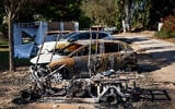 The destruction caused by Hamas terrorists in Kibbutz Nahal Oz, near the Israel-Gaza border, in southern Israel, October 20, 2023 (Yonatan Sindel/Flash90)