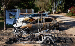 The destruction caused by Hamas terrorists in Kibbutz Nahal Oz, near the Israel-Gaza border, in southern Israel, October 20, 2023 (Yonatan Sindel/Flash90)