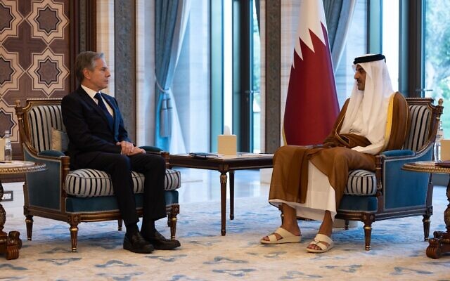 US Secretary of State Antony Blinken meets with Qatari Emir Sheikh Tamim ibn Hamad Al Thani in Doha on October 13, 2023. (US State Department) US Secretary of State Antony Blinken meets with Qatari Emir Sheikh Tamim ibn Hamad Al Thani in Doha on October 13, 2023. (US State Department)
