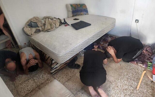 Gazans arrested in a hideout apartment in Beersheba on October 20, 2023. (Israel Police) Gazans arrested in a hideout apartment in Beersheba on October 20, 2023. (Israel Police)