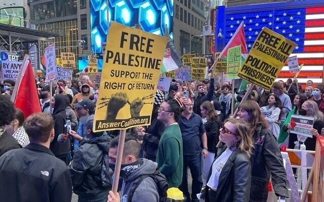 Pro-Palestinian protesters gather in Times Square in New York City on October 8, 2023. (Luke Tress/Times of Israel) Pro-Palestinian protesters gather in Times Square in New York City on October 8, 2023. (Luke Tress/Times of Israel)