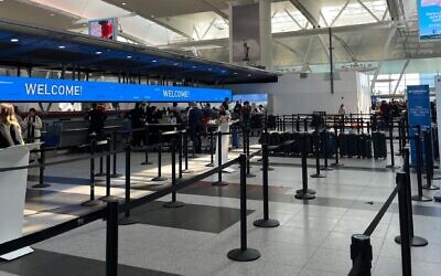 The El-Al counters at JFK Airport Terminal 4, October 9, 2023. (Julia Gergely/ JTA)