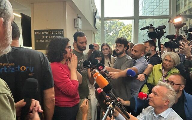 Sharone Luton speaks to the media after her mother Yocheved Lifshitz was freed from Hamas captivity, at Ichilov hospital in Tel Aviv on October 24, 2023 (Carrie Keller-Lynn/Times of Israel) Sharone Luton speaks to the media after her mother Yocheved Lifshitz was freed from Hamas captivity, at Ichilov hospital in Tel Aviv on October 24, 2023 (Carrie Keller-Lynn/Times of Israel)