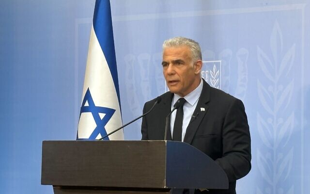 Opposition Leader Yair Lapid speaks at the Knesset on October 26, 2023 (Carrie Keller-Lynn/Times of Israel) Opposition Leader Yair Lapid speaks at the Knesset on October 26, 2023 (Carrie Keller-Lynn/Times of Israel)