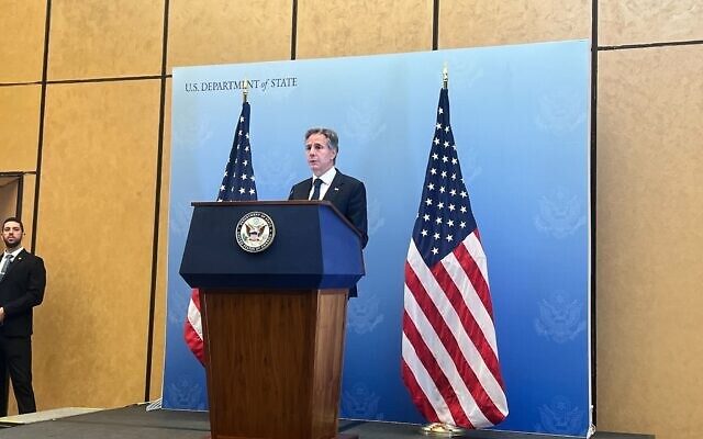 US Secretary of State Antony Blinken holds a press conference in Tel Aviv, October 12, 2023. (Lazar Berman/Times of Israel) US Secretary of State Antony Blinken holds a press conference in Tel Aviv, October 12, 2023. (Lazar Berman/Times of Israel)